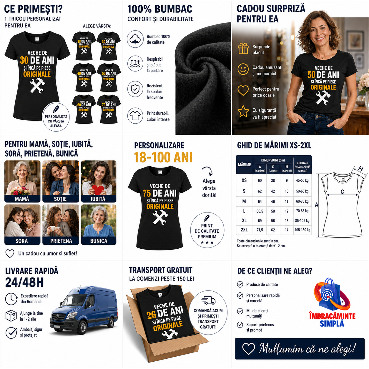 Tricou aniversar femei personalizat cu varsta Veche de ani si inca pe piese originale